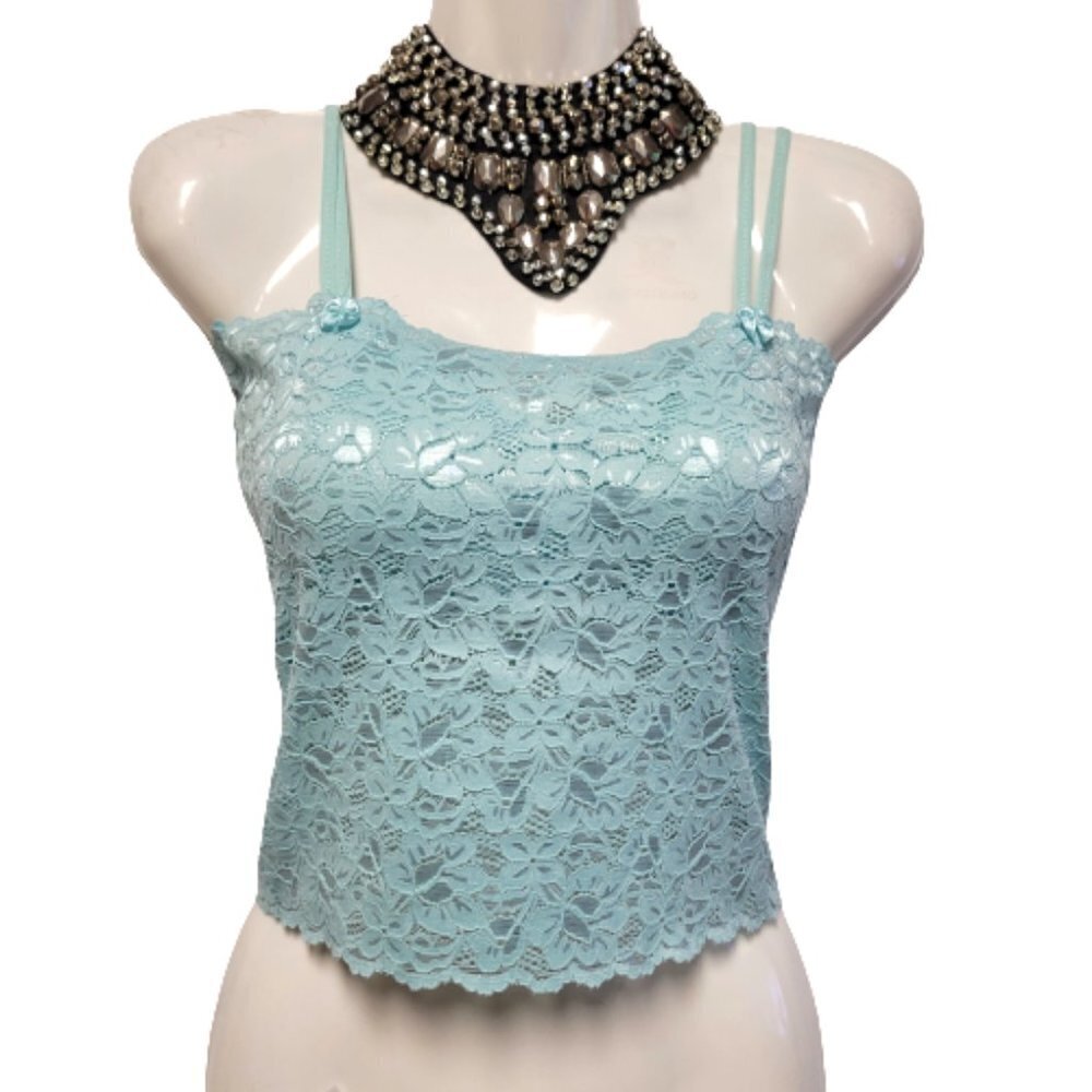Girls Light Blue Lace Top with Built in Bra Petite Women Crop Top Lace Camisole